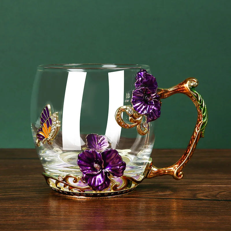 Handmade Enamel Coffee Mug – Elegant Glass Design with Spoon, 330ml