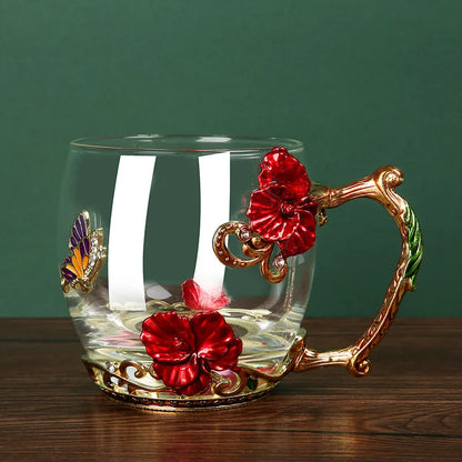 Handmade Enamel Coffee Mug – Elegant Glass Design with Spoon, 330ml